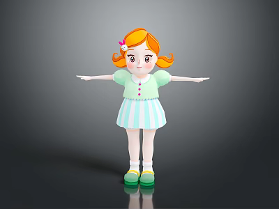 Cute Cartoon Game Movie Character With Orange Hair Pigtails Light Green Top And Striped Skirt 3d model