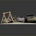 Scene Components With Wooden Swing Vintage Toy Car Small Boat Stool Chair On Sandy Surface