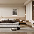 Modern Minimalist Bedroom Interior With Comfortable Bed Artwork Wooden Cabinets And Window Blinds
