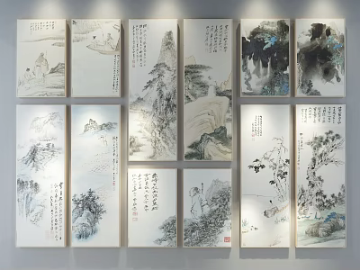 Ink Wash Landscape Paintings With Mountain Water Plants And Calligraphy Hung On Wall 3d model