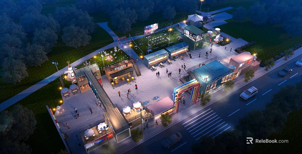 Scenic Night View of Commercial Square with Bright Lights Crowd Shops and Trees 3d model 