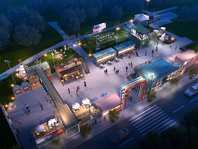 Scenic Night View of Commercial Square with Bright Lights Crowd Shops and Trees 3d model