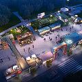 Scenic Night View of Commercial Square with Bright Lights Crowd Shops and Trees