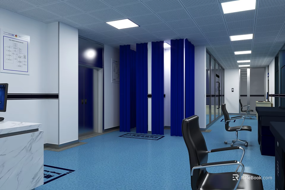 Modern Office Interior Featuring Blue Partitions Ceiling Lights Office Chairs And Blue Flooring 3d model 