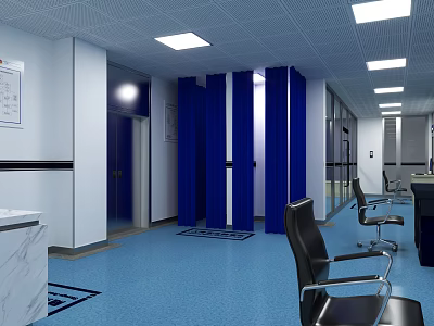 Modern Office Interior Featuring Blue Partitions Ceiling Lights Office Chairs And Blue Flooring 3d model