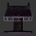 Modern Shelf Unit with Purple Green Finish Yellow Warning Stripes and Metal Basket