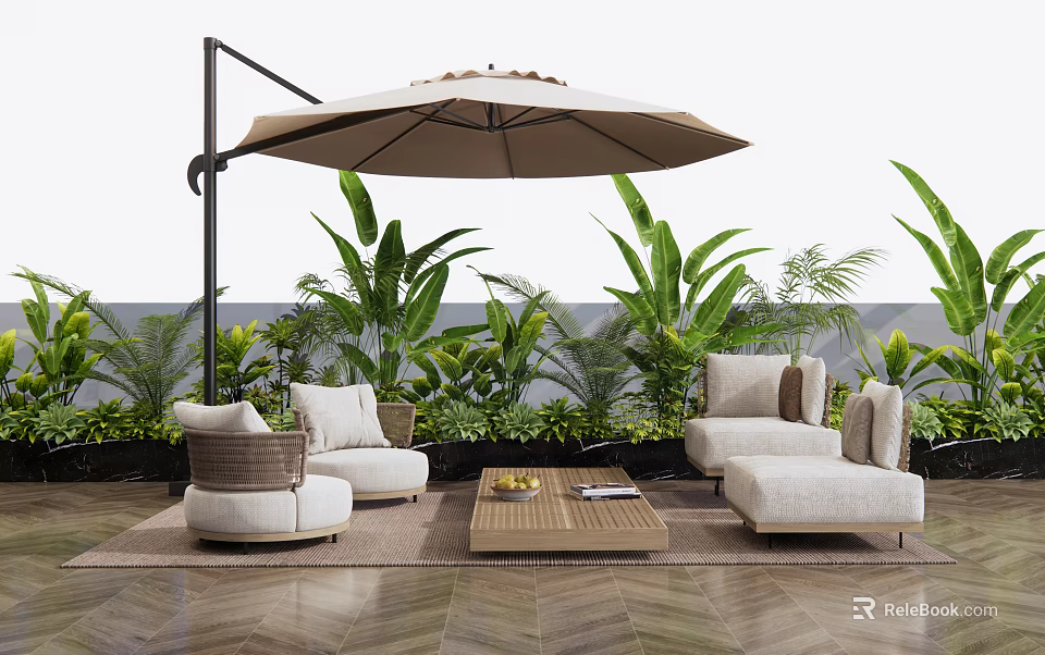 Outdoor Sofa Set with Large Umbrella Tropical Plants and Coffee Table on Wooden Patio 3d model 