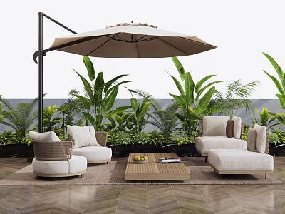 Outdoor Sofa Set with Large Umbrella Tropical Plants and Coffee Table on Wooden Patio 3d model