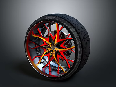 Stylish Car Wheel Rim With Red And Yellow Spokes And Black Tire 3d model