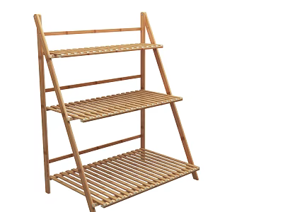 Natural Bamboo Three Tiered Ladder Style Storage Shelf For Living Room Organization 3d model