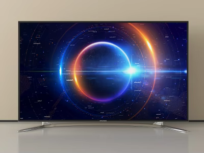 Sleek Modern TV With Vibrant Cosmic Display And Colorful Rings On Silver Stand 3d model