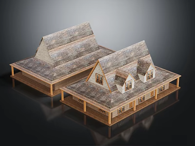 Wooden House With Shingle Roof Two Story Design And Wooden Porch Windows Structure 3d model