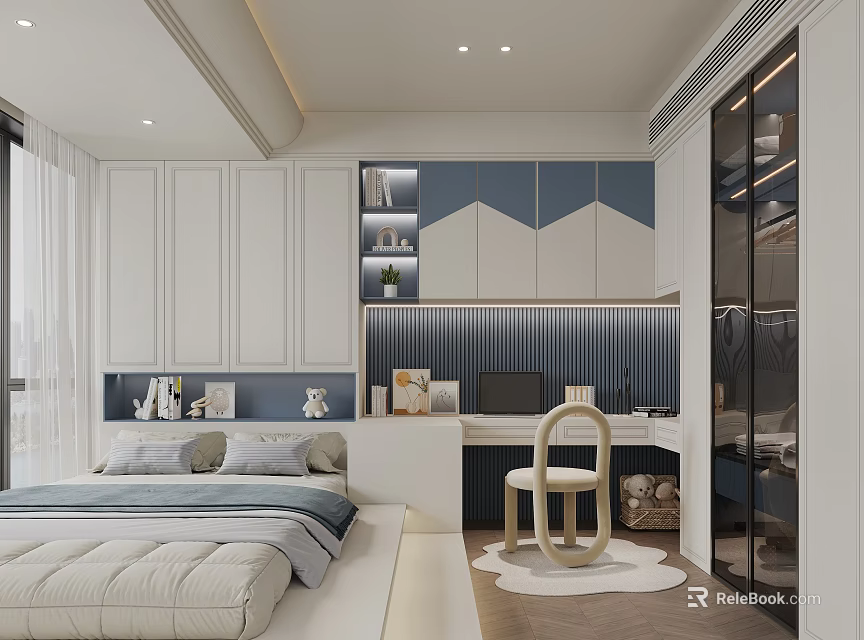 Tatami Bedroom Interior Design With Platform Bed Storage Cabinets And Decorative Wall 3d model 