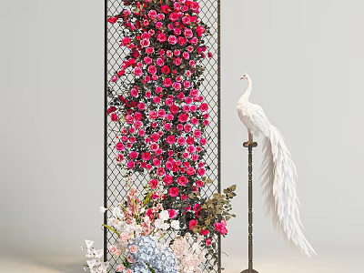 Vine Adorned With Pink Flowers On Black Grid Screen With White Peacock And Surrounding Blooms 3d model