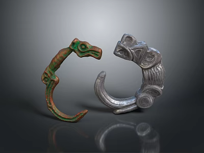 Artistic Dragon Shaped Sculptures With Circular Design Green And Silver Intricate Carvings 3d model