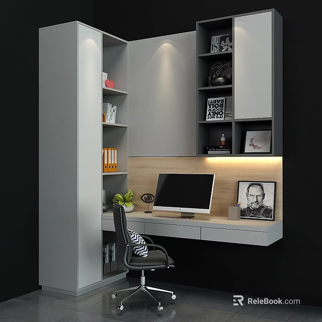 Modern Home Office Desk Chair Set With Computer Monitor Shelves And Decorative Items 3d model 