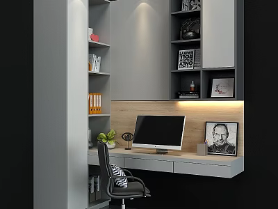 Modern Home Office Desk Chair Set With Computer Monitor Shelves And Decorative Items 3d model