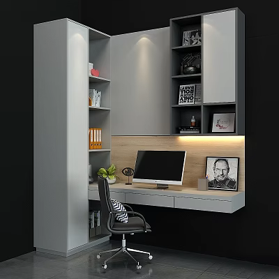 Modern Home Office Desk Chair Set With Computer Monitor Shelves And Decorative Items 3d model