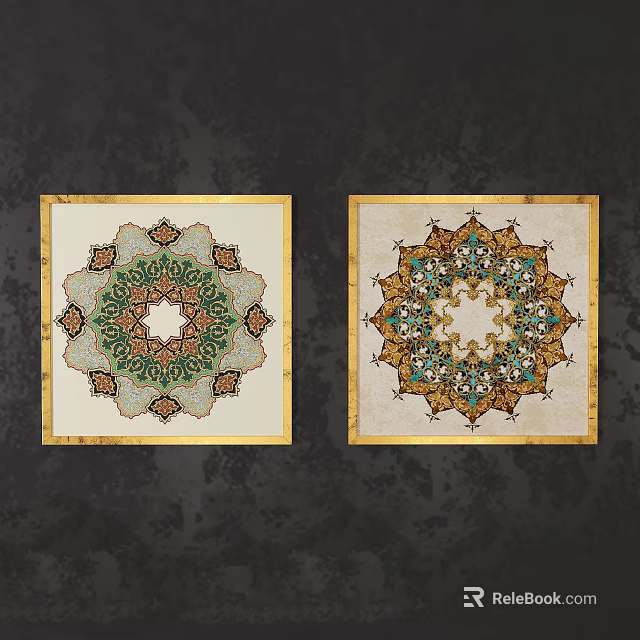 Square Abstract Paintings With Intricate Geometric Patterns Gold Frames Green Gold Tones On Dark Background 3d model