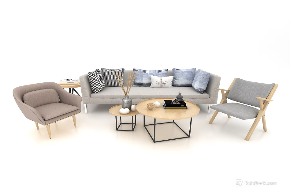 Modern Sofa And Coffee Table Set With Accent Chairs And Decorative Pillows 3d model