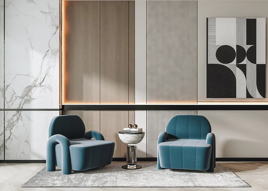Casual Sofa Set with Blue Armchairs Marble Wall Wooden Panels and Abstract Painting 3d model 
