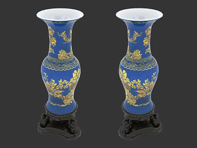 Two Blue Vases With White Mouths And Gold Floral Patterns On Black Bases 3d model