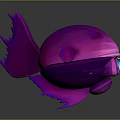 Vibrant Purple Creature Character 3D Model With Spherical Body Fins And Blue Glowing Eyes