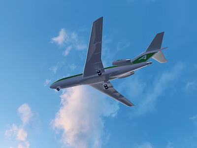 Green and White Passenger Airplane Flying High in Blue Sky with White Clouds 3d model