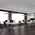Modern Public Office Space Featuring Blue Walls Large Windows White Desks Green Chairs And Plants
