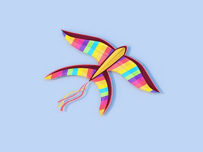Rainbow Striped Kite With Bird Shaped Wings On Light Blue Background 3d model
