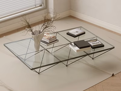 Modern Glass Coffee Table With Metal Frame White Vase Dried Branches And Books 3d model