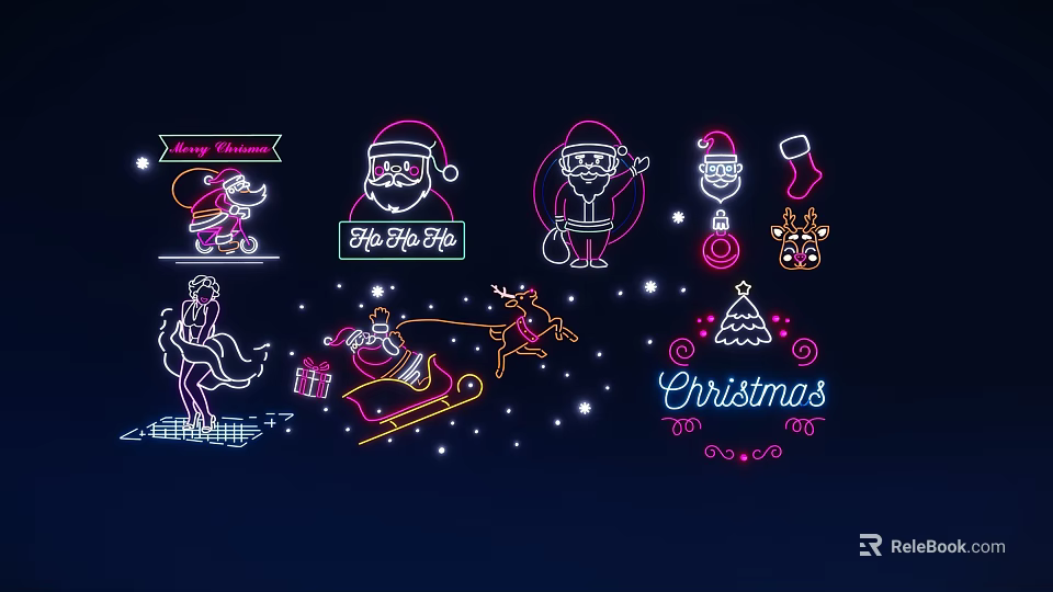 Festive Christmas Neon Decorative Lights Featuring Santa Claus Sleigh Reindeer And Tree 3d model 