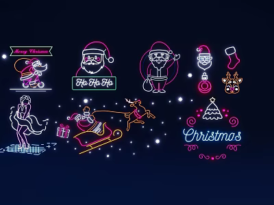 Festive Christmas Neon Decorative Lights Featuring Santa Claus Sleigh Reindeer And Tree 3d model