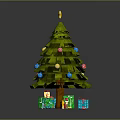 Wooden Christmas Tree With Colorful Balls Star And Green Red Blue Gift Boxes On Base