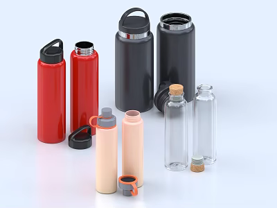 Reusable Water Bottles In Different Colors With Various Designs And Practical Lid Styles 3d model