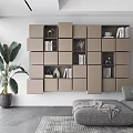 Modern Modular Cube Bookcase With Books Decorative Items In Living Room With Sofa And Plant