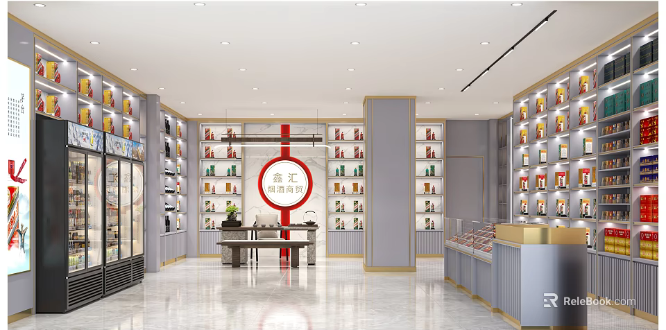 Elegant Tobacco and Liquor Store Interior with Shelves Round Signage Product Displays and Counter 3d model 