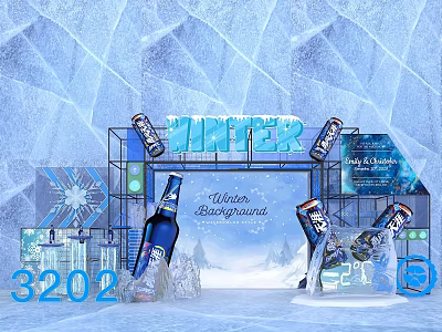 Winter Event Entrance With 3202 Beer Bottles Ice Sculpture And Blue Theme 3d model