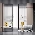 Modern Interior Partition Design With Glass Panels And Marble Accents And Gold Sculptures