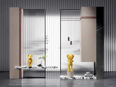 Modern Interior Partition Design With Glass Panels And Marble Accents And Gold Sculptures 3d model