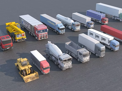 Various Commercial Trucks Collection Featuring Crane Mixer Trailer and Construction Vehicles in Multiple Colors 3d model
