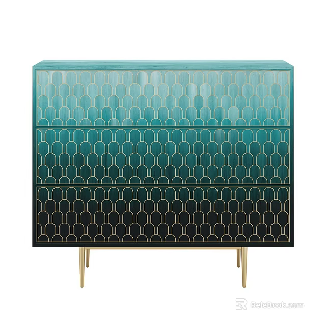 Stylish Console Cabinet With Gradient Blue Green Scallop Pattern And Gold Legs 3d model 