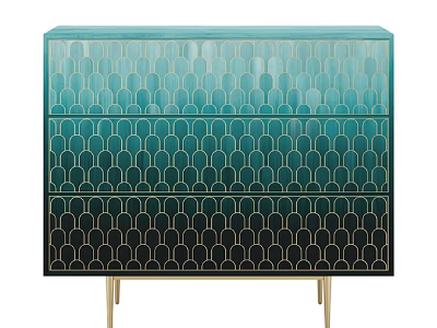 Stylish Console Cabinet With Gradient Blue Green Scallop Pattern And Gold Legs 3d model