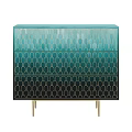 Stylish Console Cabinet With Gradient Blue Green Scallop Pattern And Gold Legs