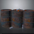 Vintage Food Grade Oil Barrels In Red Blue Tones With Yellow Symbols And Small Seasoning Bottles For Kitchen