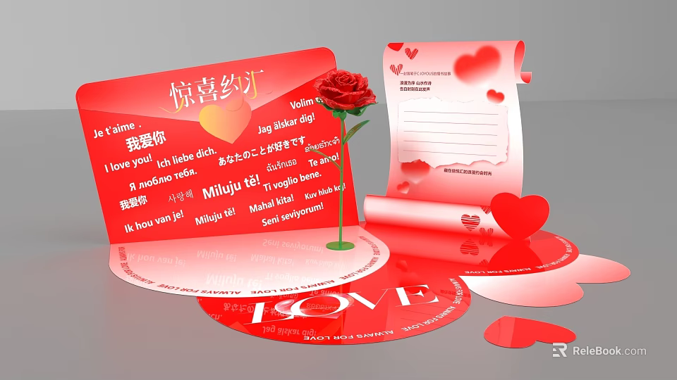 Romantic Red Love Themed Photo Spot With Rose Hearts And LOVE Signage 3d model 