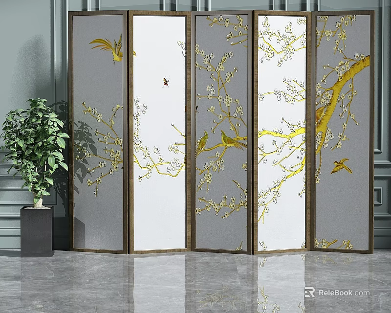 Elegant Multi Panel Room Divider Screen With Golden Tree Branches And Birds Design 3d model
