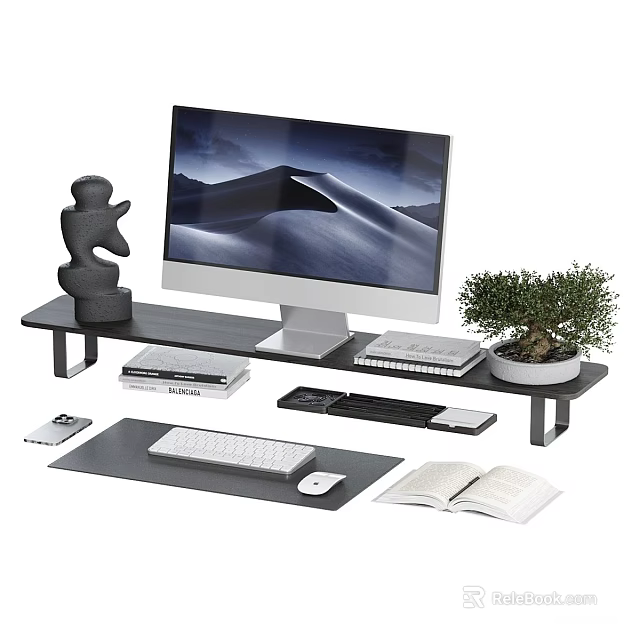 Modern Computer Monitor Setup With Ergonomic Stand Keyboard Mouse Sculpture Potted Plant And Books 3d model 