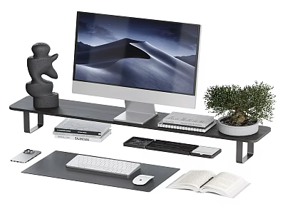 Modern Computer Monitor Setup With Ergonomic Stand Keyboard Mouse Sculpture Potted Plant And Books 3d model