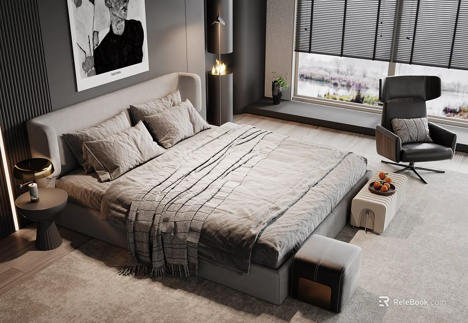 Modern Double Bed In Bedroom With Gray Bedding Accent Chair And Wall Artwork 3d model 